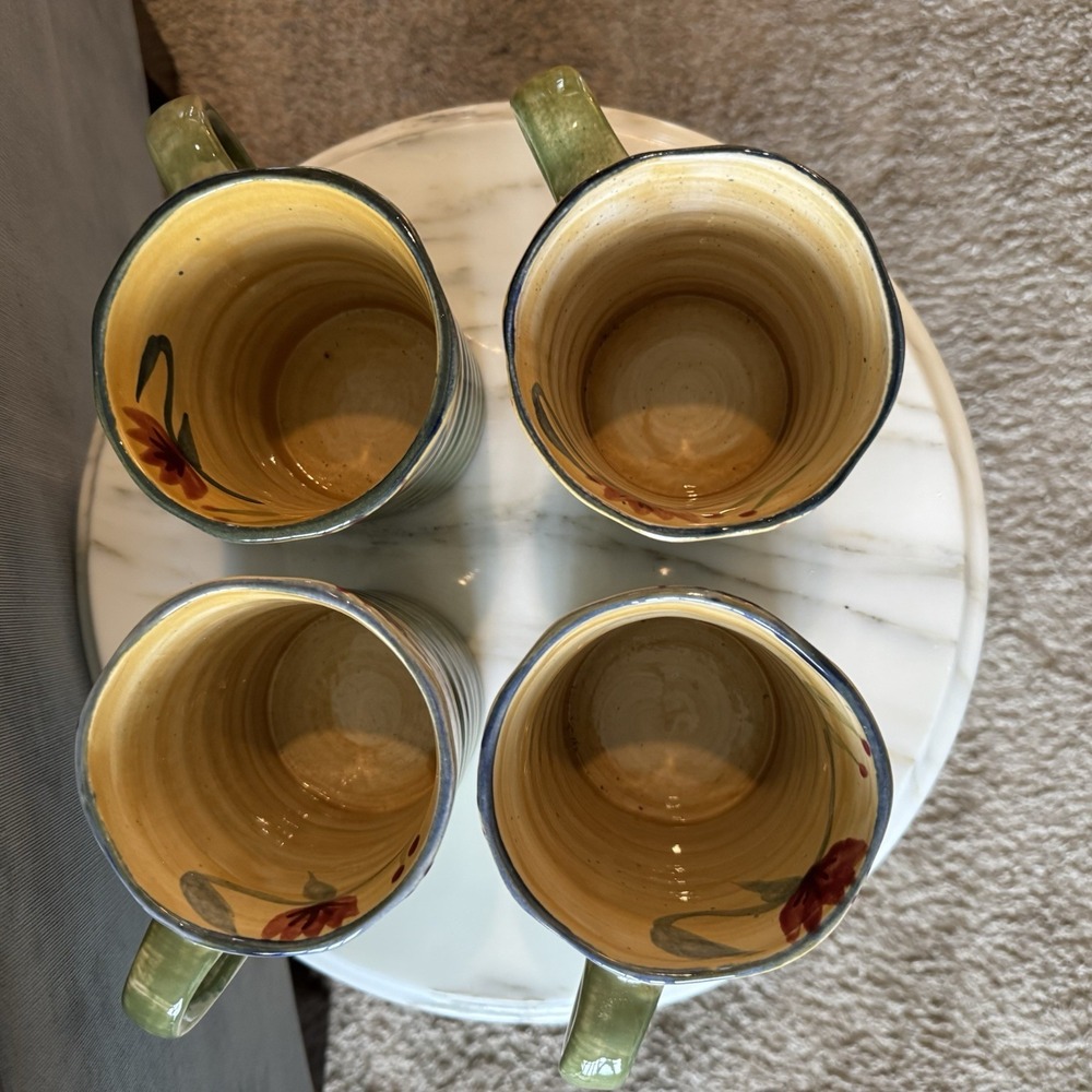 Pier 1 Elizabeth Hand Painted Stoneware Floral Green Blue Red Mugs (Lot of 4) - Picture 5 of 10